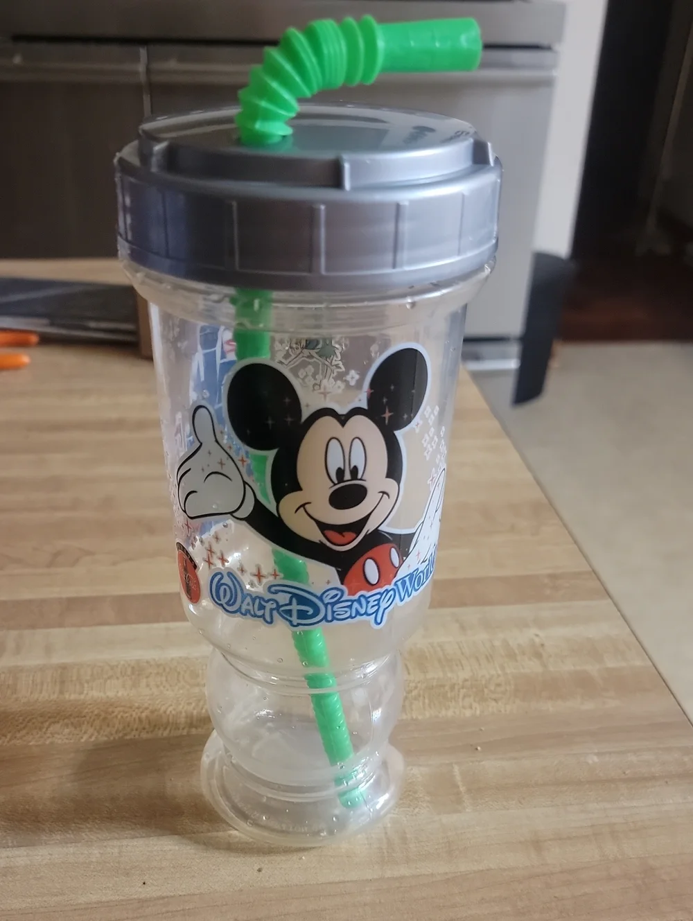 Disney Mickey Mouse Clear Cup with Green Straw and Silver Lid